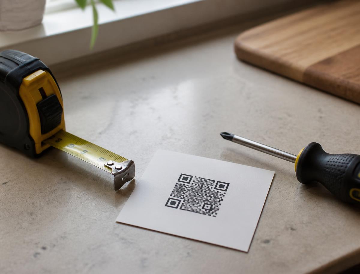 A printed review card with a QR code sitting on a benchtop beside hand tools